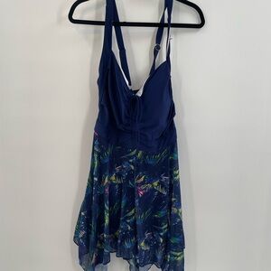 Bloomchic Blue Asymmetrical Mesh Leaf Print Swim Dress 22-24/3X